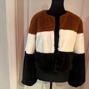 Forever 21 Tri-Tone Teddy Jacket in Brown, White, and Black